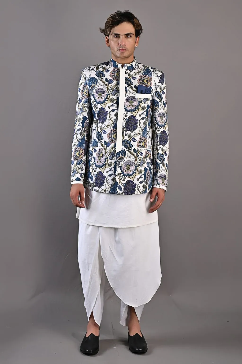 Cedar - Multi Blue Printed Bandhgala Jacket With Off White Kurta & Tulip Pant Set