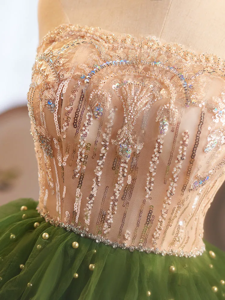Champagne/Green Tulle Lace Short Prom Dress, Cute Homecoming Dress