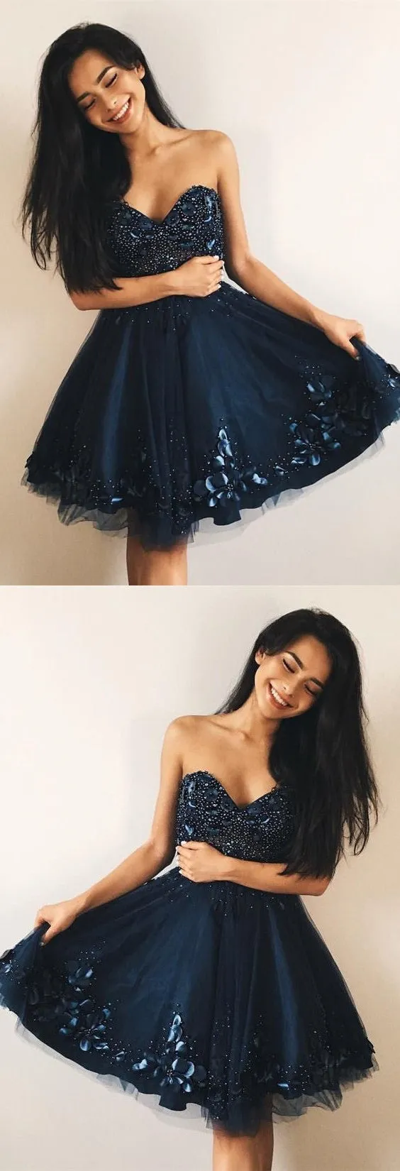 Cheap A-Line Sweetheart Navy Blue Tulle Short Homecoming Dresses with Beading OKC40