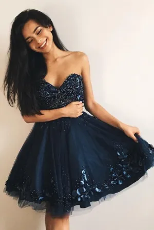 Cheap A-Line Sweetheart Navy Blue Tulle Short Homecoming Dresses with Beading OKC40