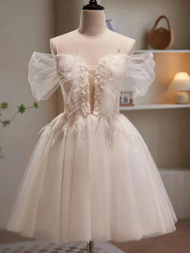 Chic Ivory Off The Shoulder Beading Tulle Short Homecoming Dresses