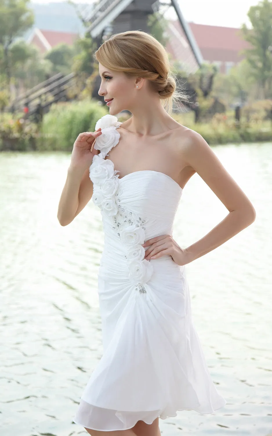 Chiffon Asymmetrical One-Shoulder Dress With Floral Strap-GC_706035