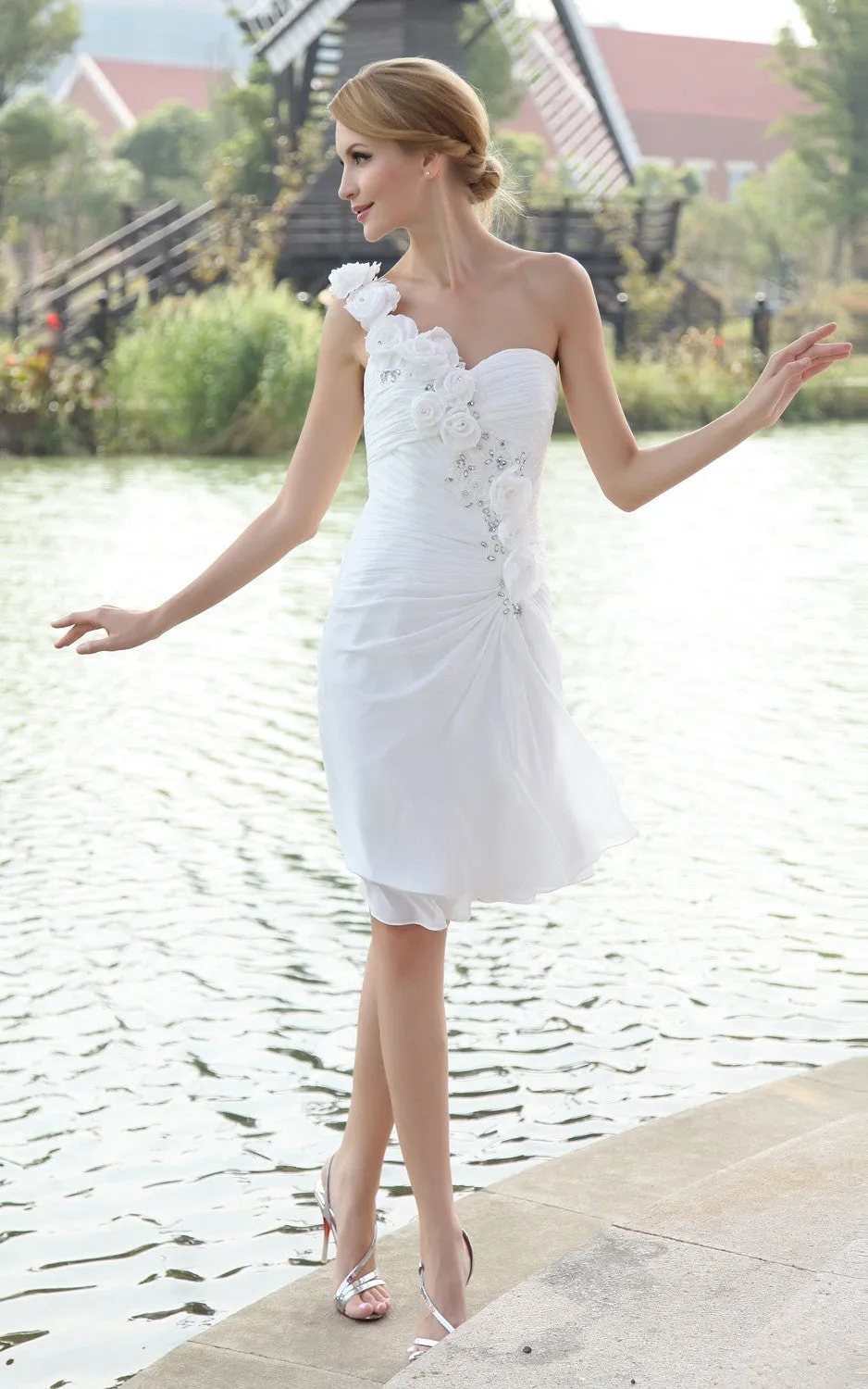 Chiffon Asymmetrical One-Shoulder Dress With Floral Strap-GC_706035