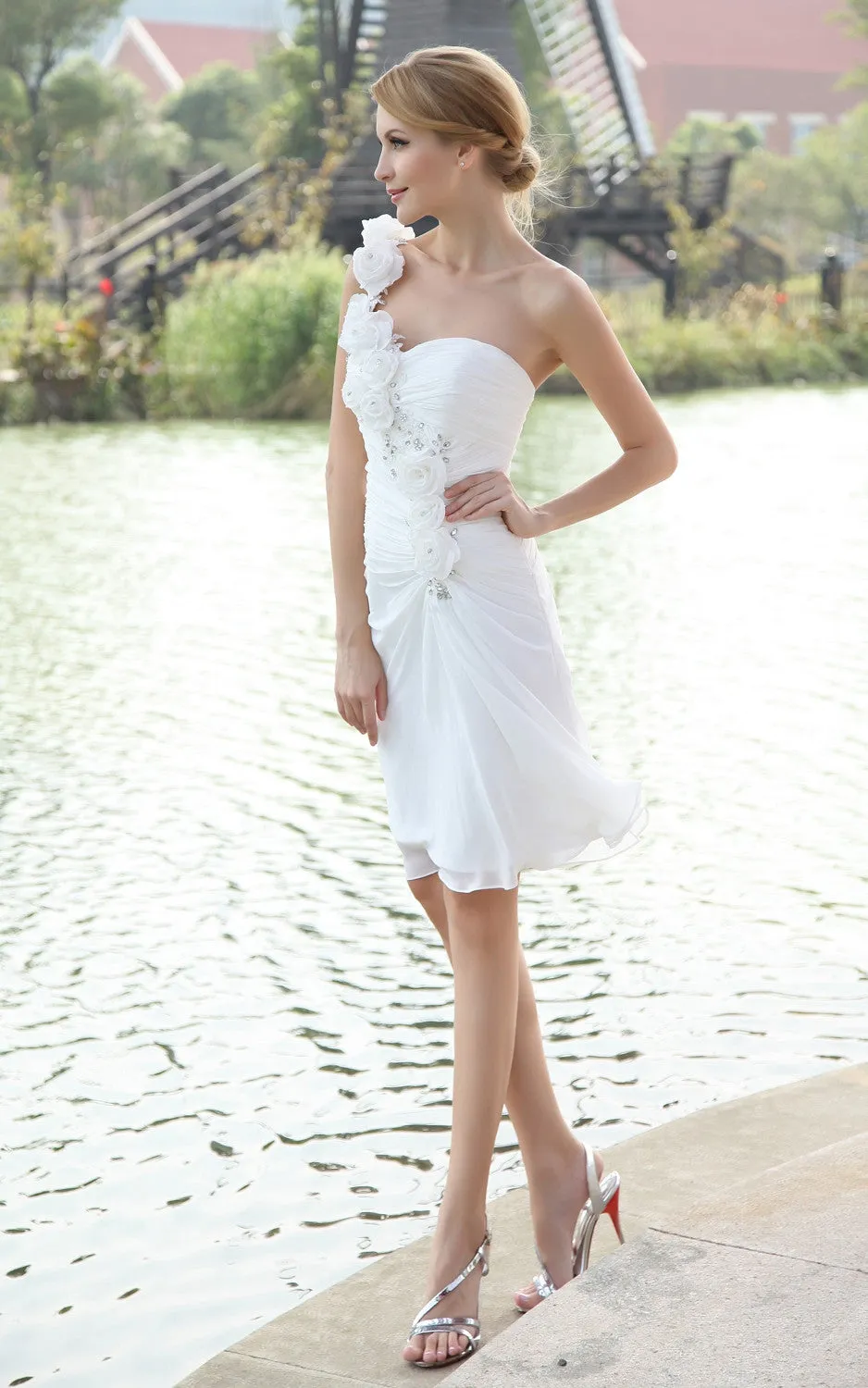 Chiffon Asymmetrical One-Shoulder Dress With Floral Strap-GC_706035