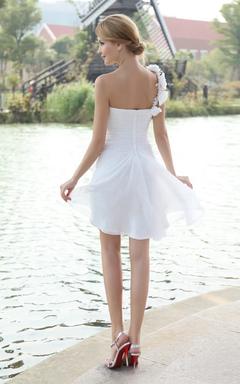Chiffon Asymmetrical One-Shoulder Dress With Floral Strap-GC_706035