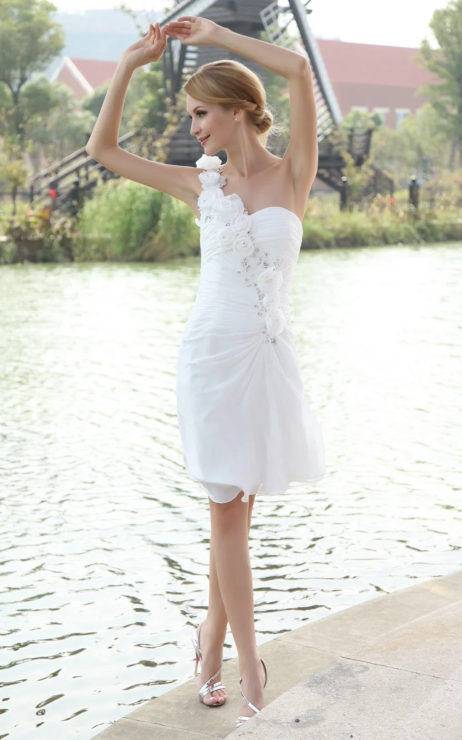 Chiffon Asymmetrical One-Shoulder Dress With Floral Strap-GC_706035