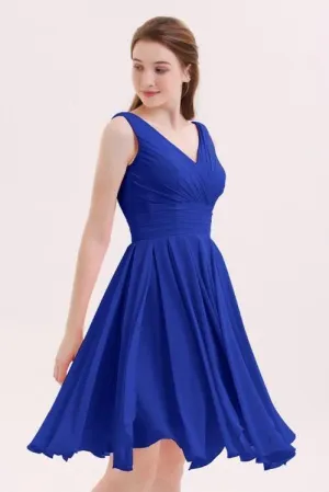 Chiffon Royal Blue Bridesmaid Short Dresses with V-neckline