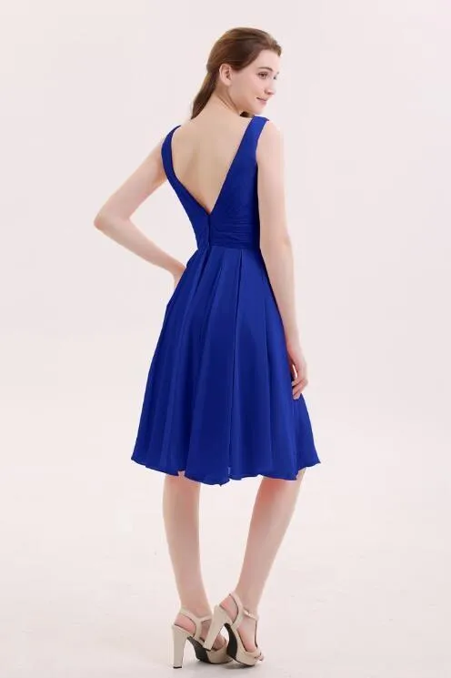 Chiffon Royal Blue Bridesmaid Short Dresses with V-neckline