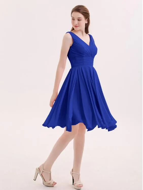 Chiffon Royal Blue Bridesmaid Short Dresses with V-neckline