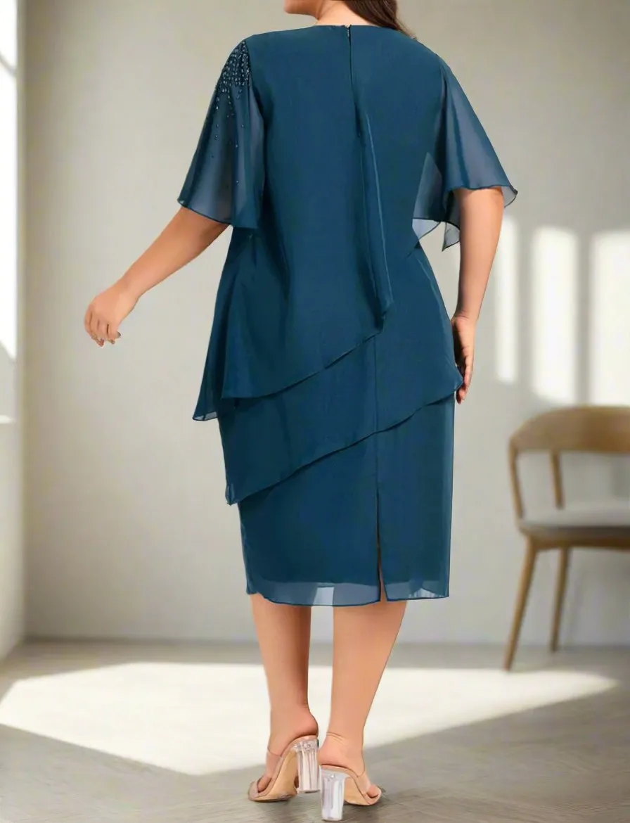 Column Half Sleeves Knee Length Layers Mother of The Bride Dresses