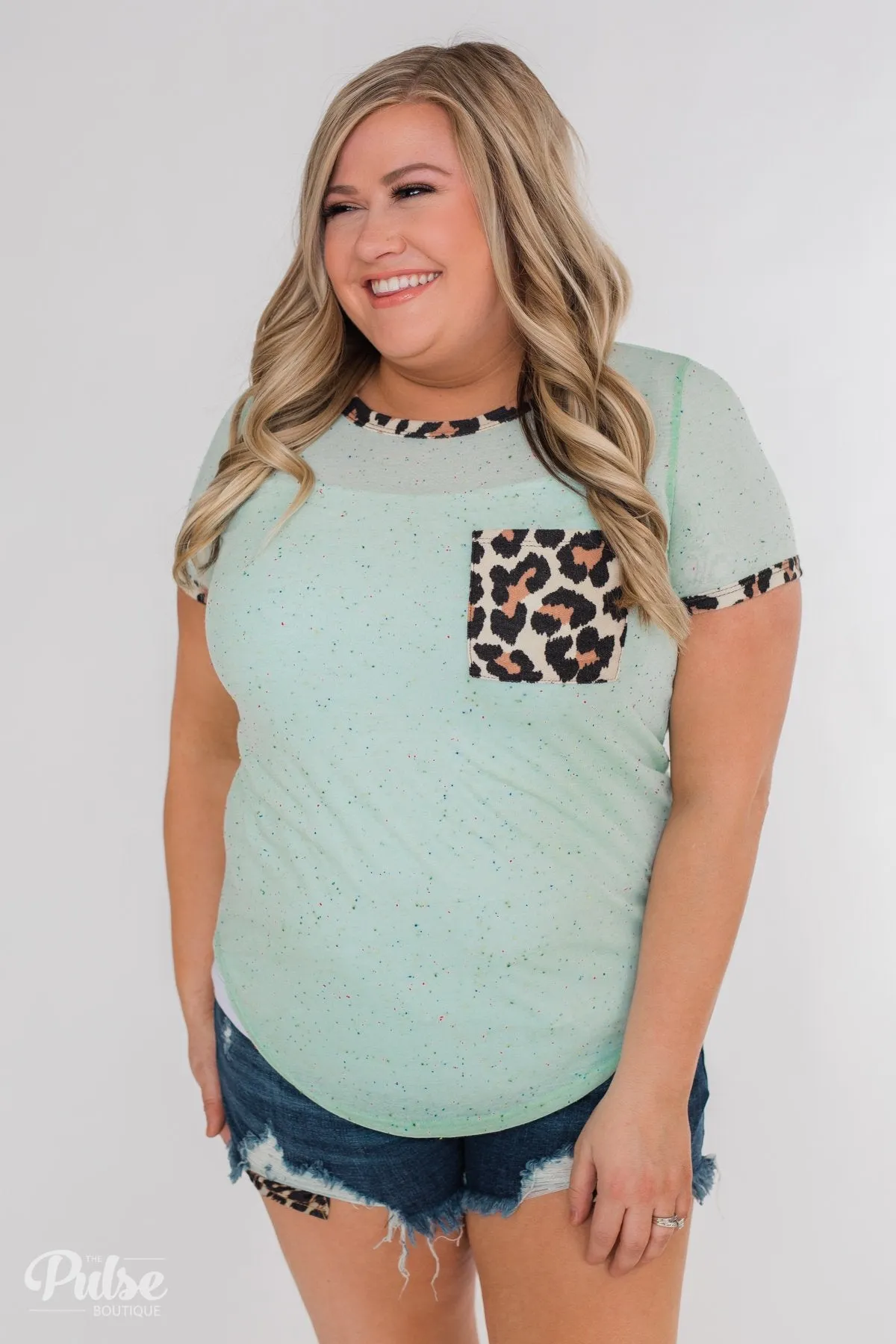 Constant Excitement Confetti & Leopard Pocket Top- Mint