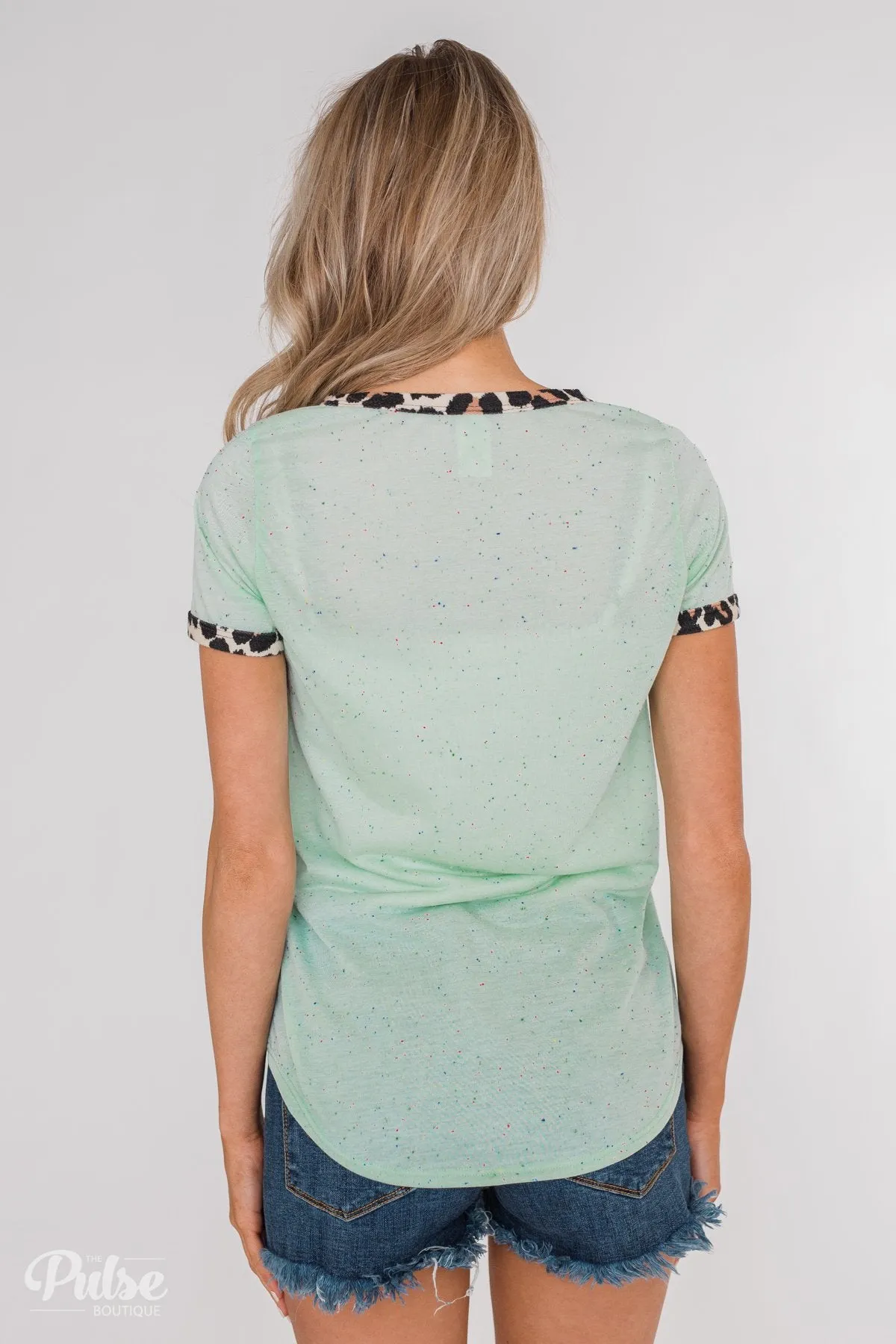 Constant Excitement Confetti & Leopard Pocket Top- Mint