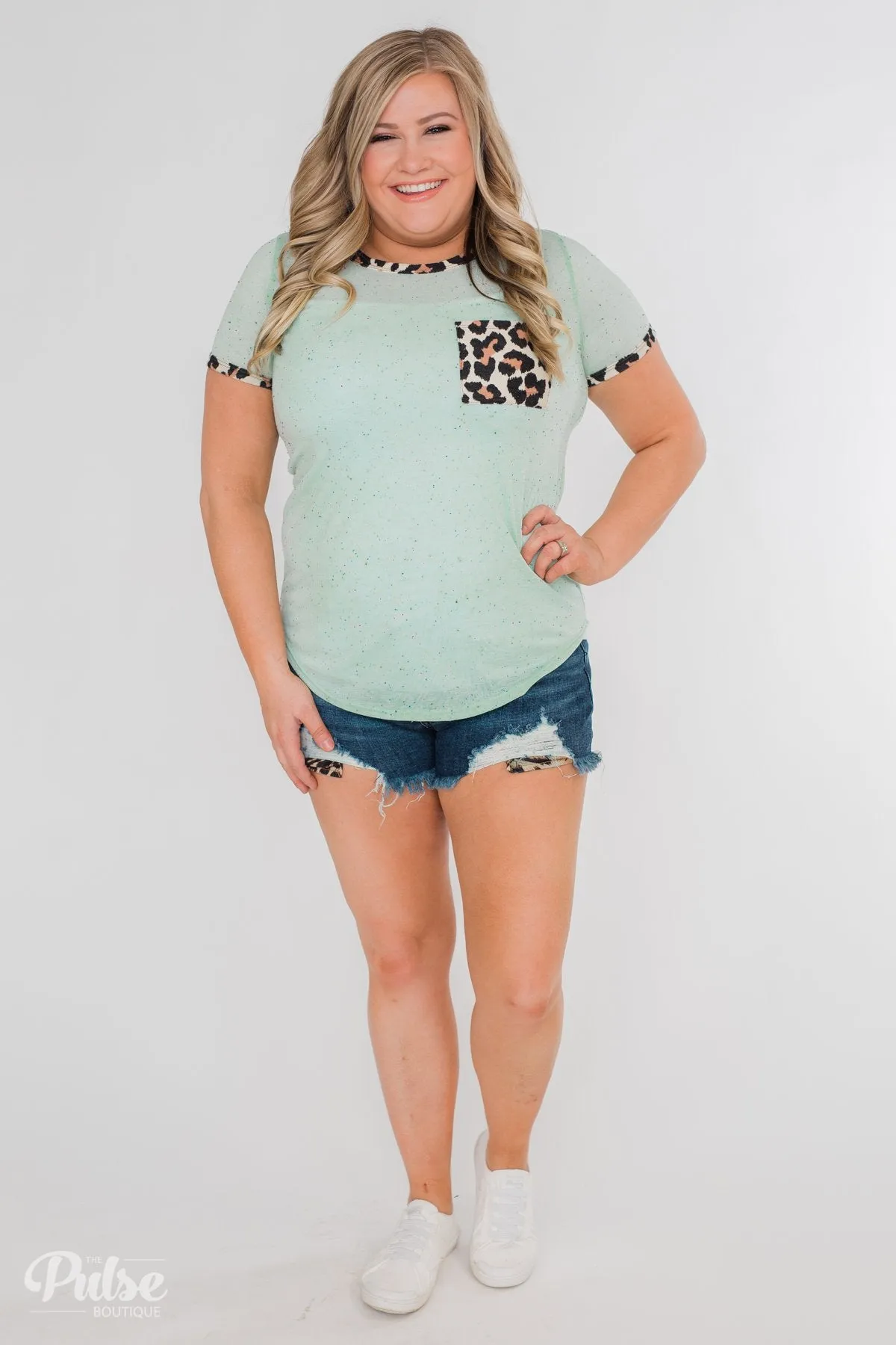 Constant Excitement Confetti & Leopard Pocket Top- Mint