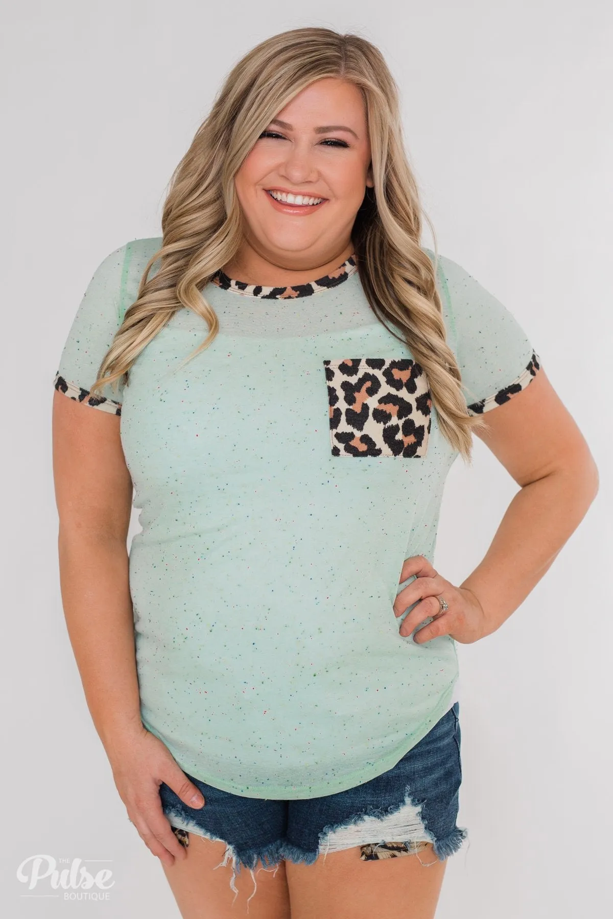 Constant Excitement Confetti & Leopard Pocket Top- Mint