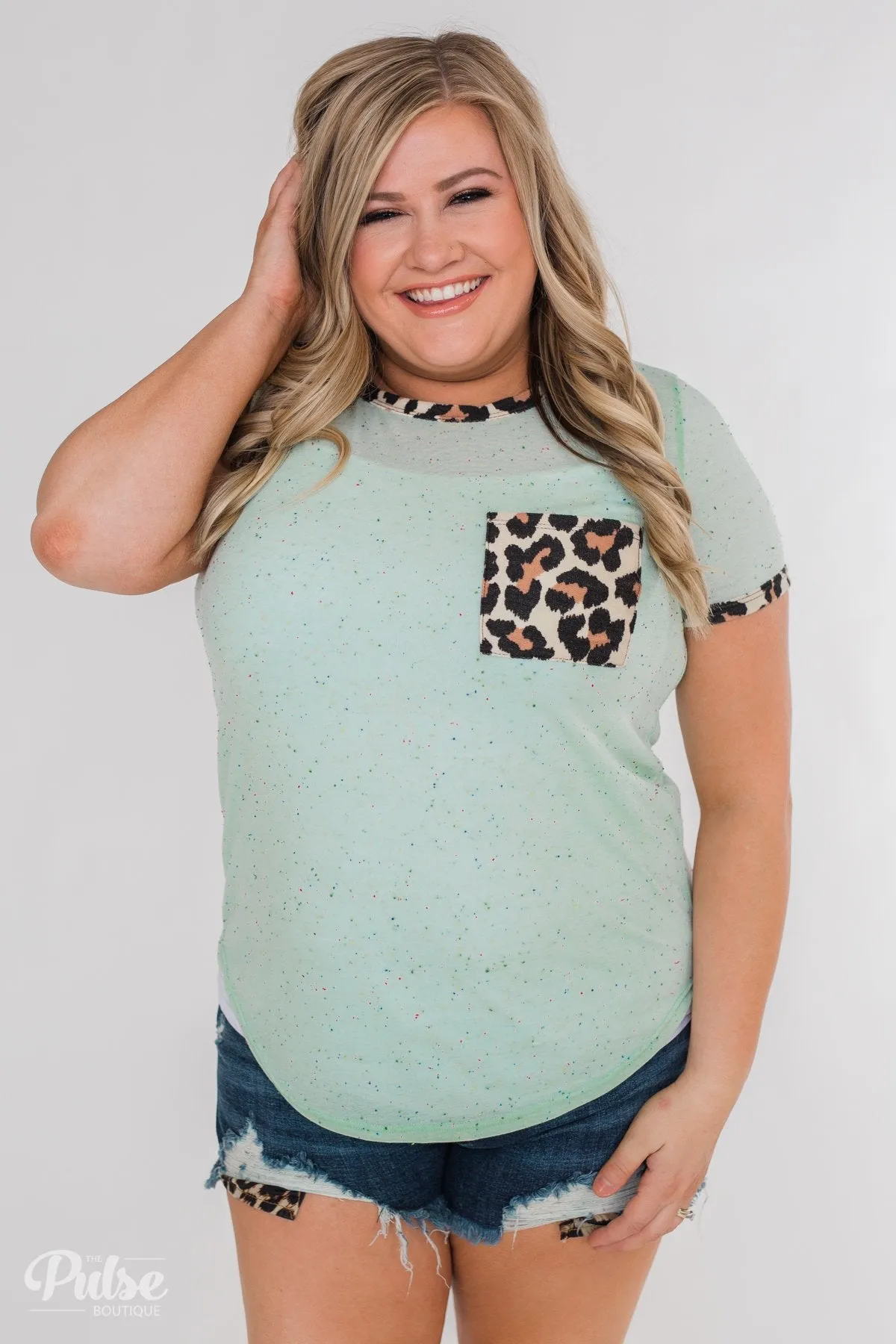 Constant Excitement Confetti & Leopard Pocket Top- Mint