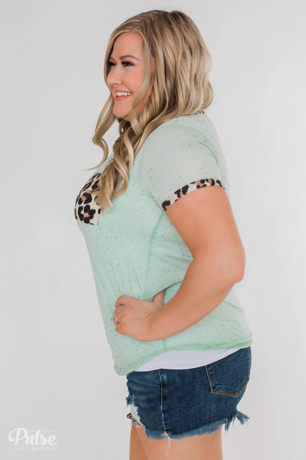 Constant Excitement Confetti & Leopard Pocket Top- Mint