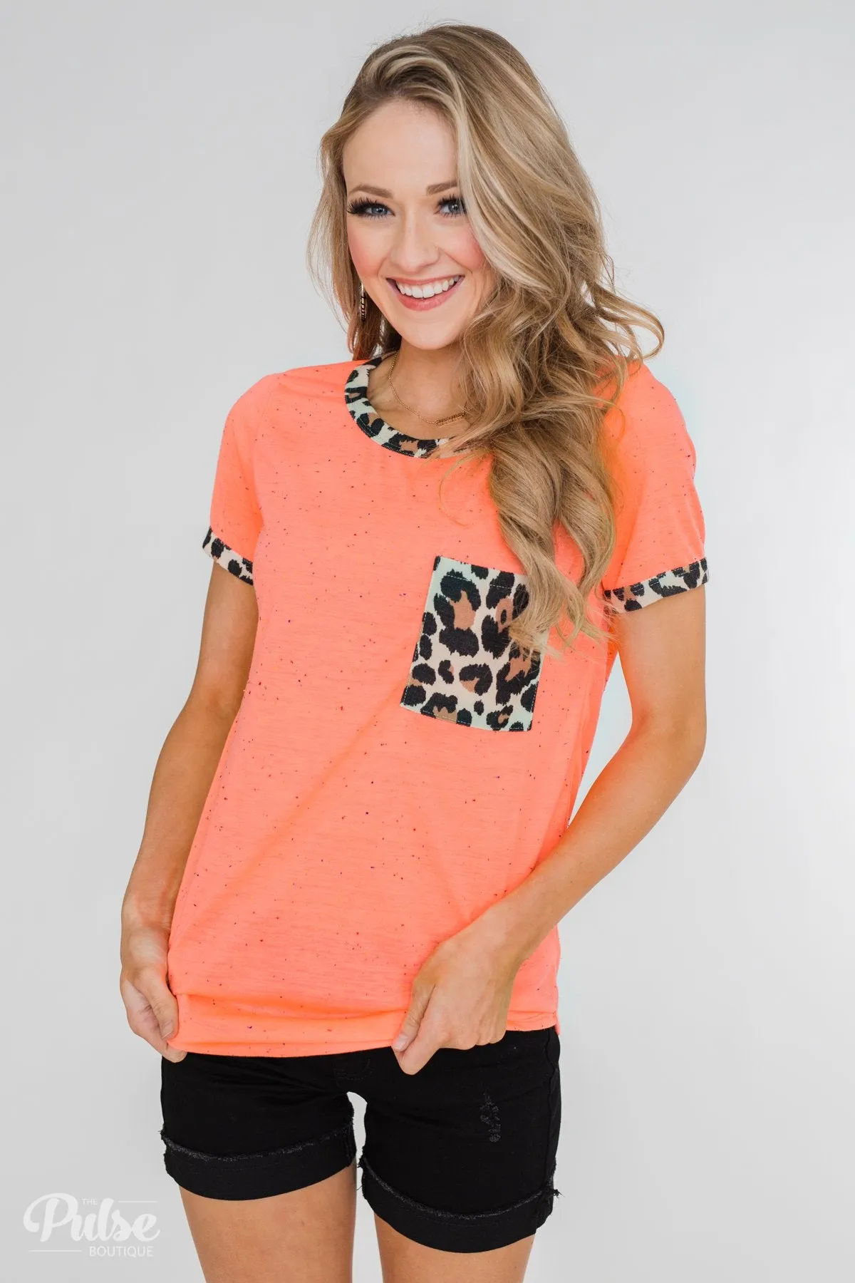 Constant Excitement Confetti & Leopard Pocket Top- Neon Orange