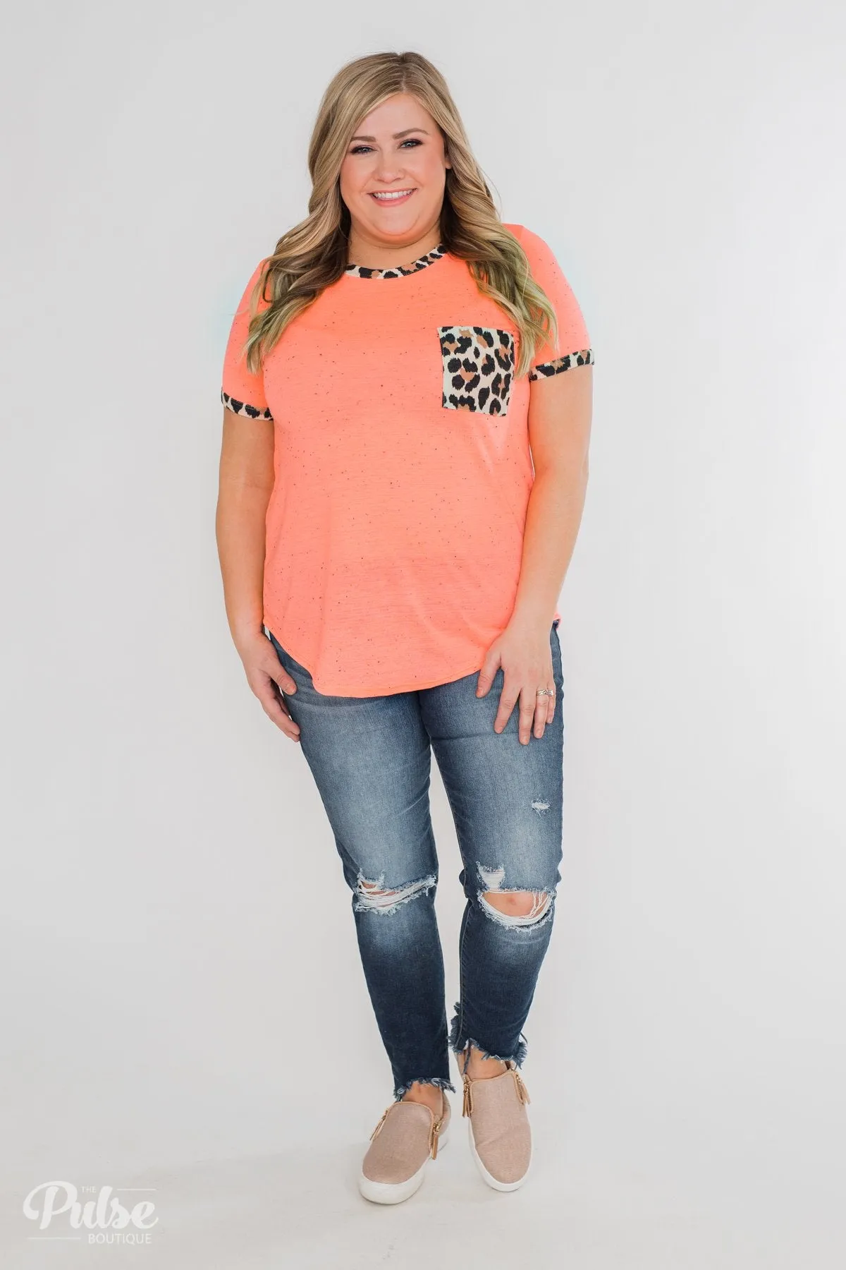 Constant Excitement Confetti & Leopard Pocket Top- Neon Orange