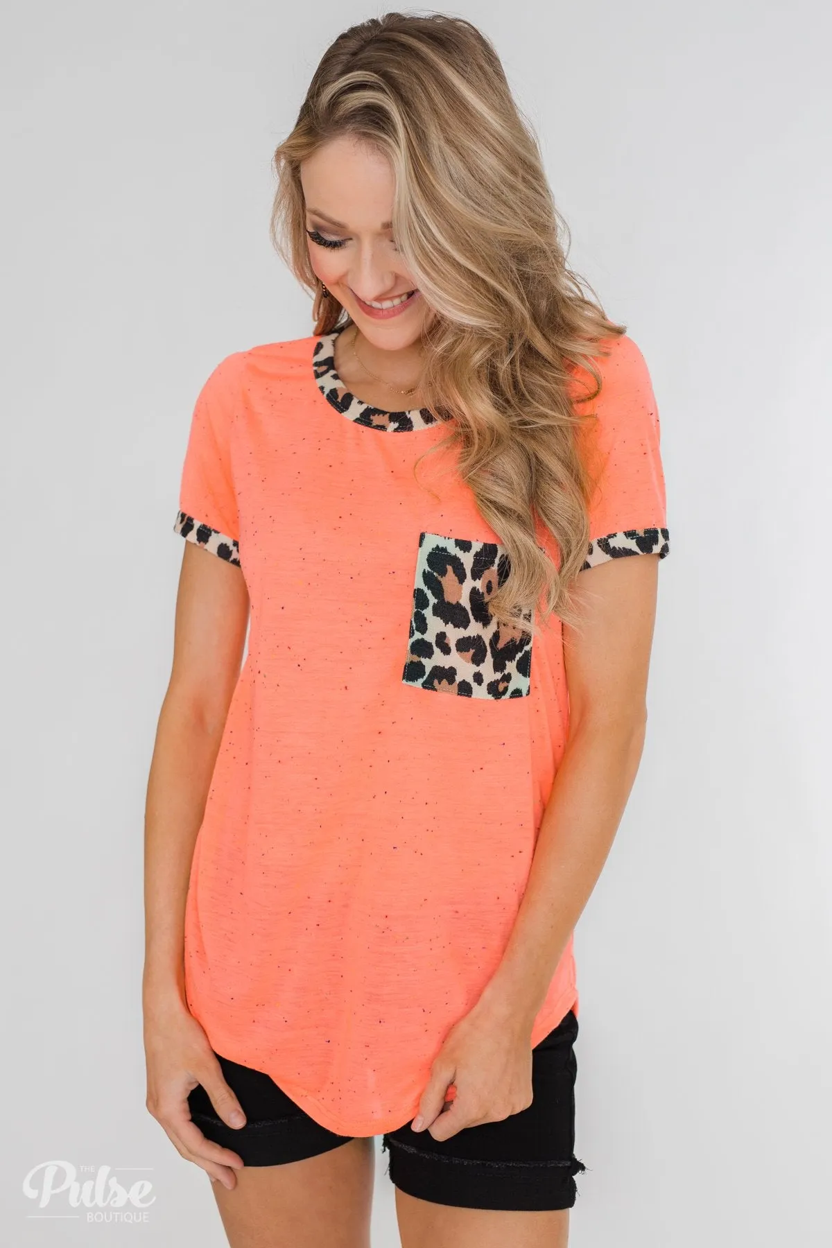 Constant Excitement Confetti & Leopard Pocket Top- Neon Orange
