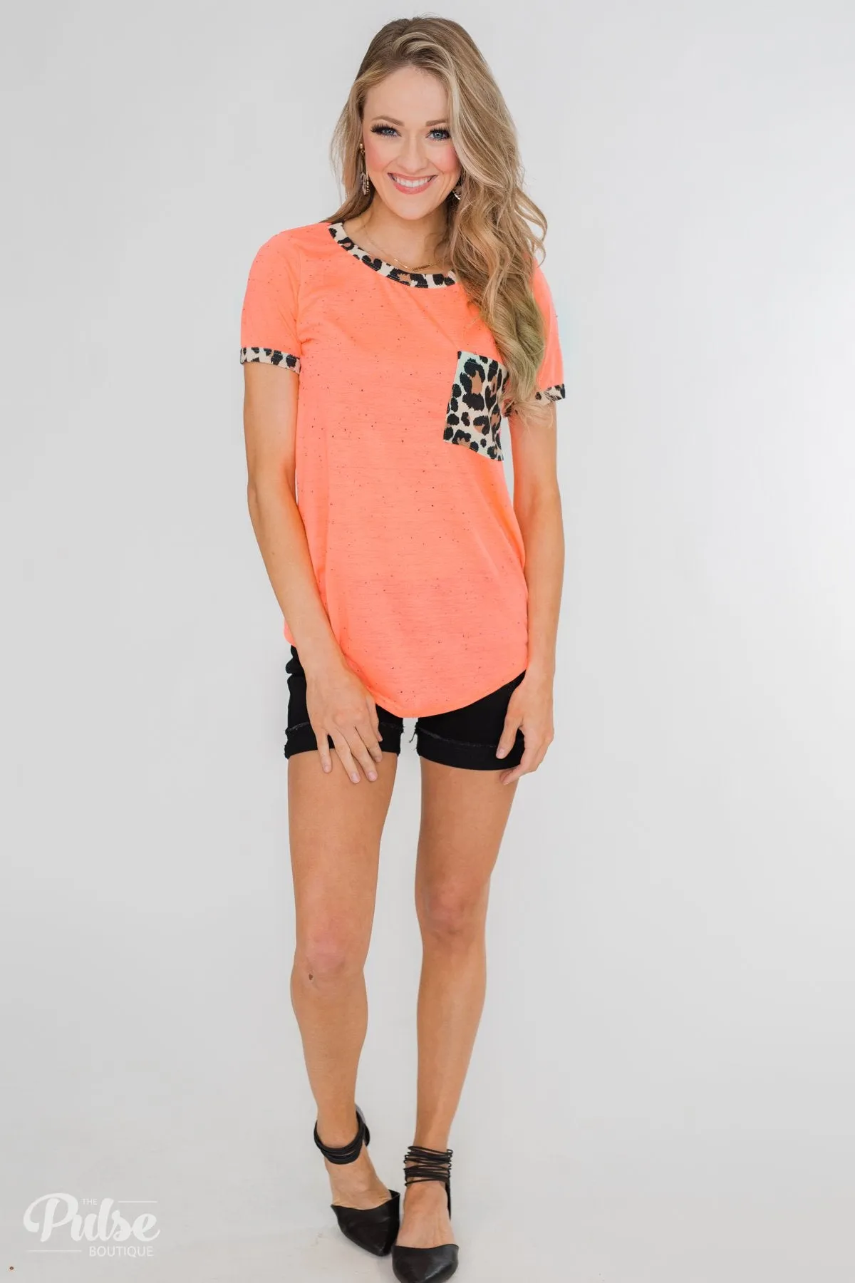 Constant Excitement Confetti & Leopard Pocket Top- Neon Orange