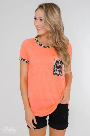 Constant Excitement Confetti & Leopard Pocket Top- Neon Orange
