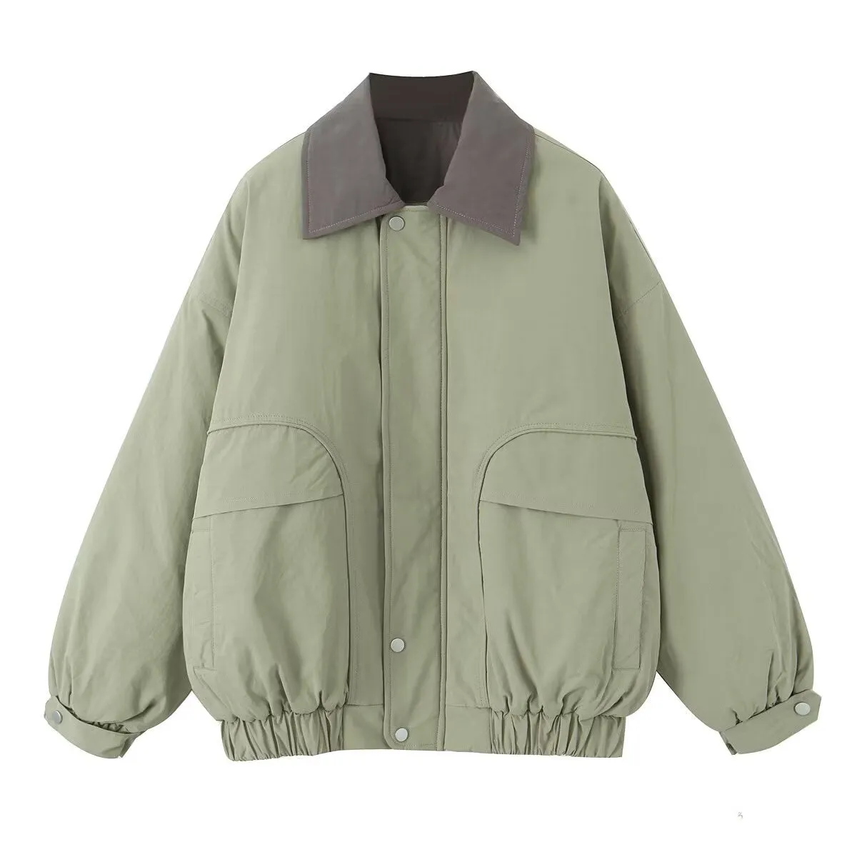 Contrast Collar Loose Fitted Green Jacket