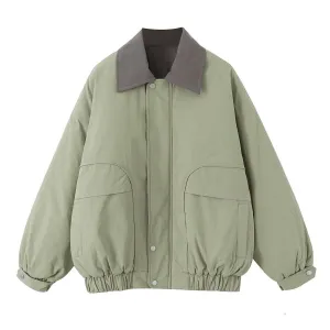 Contrast Collar Loose Fitted Green Jacket