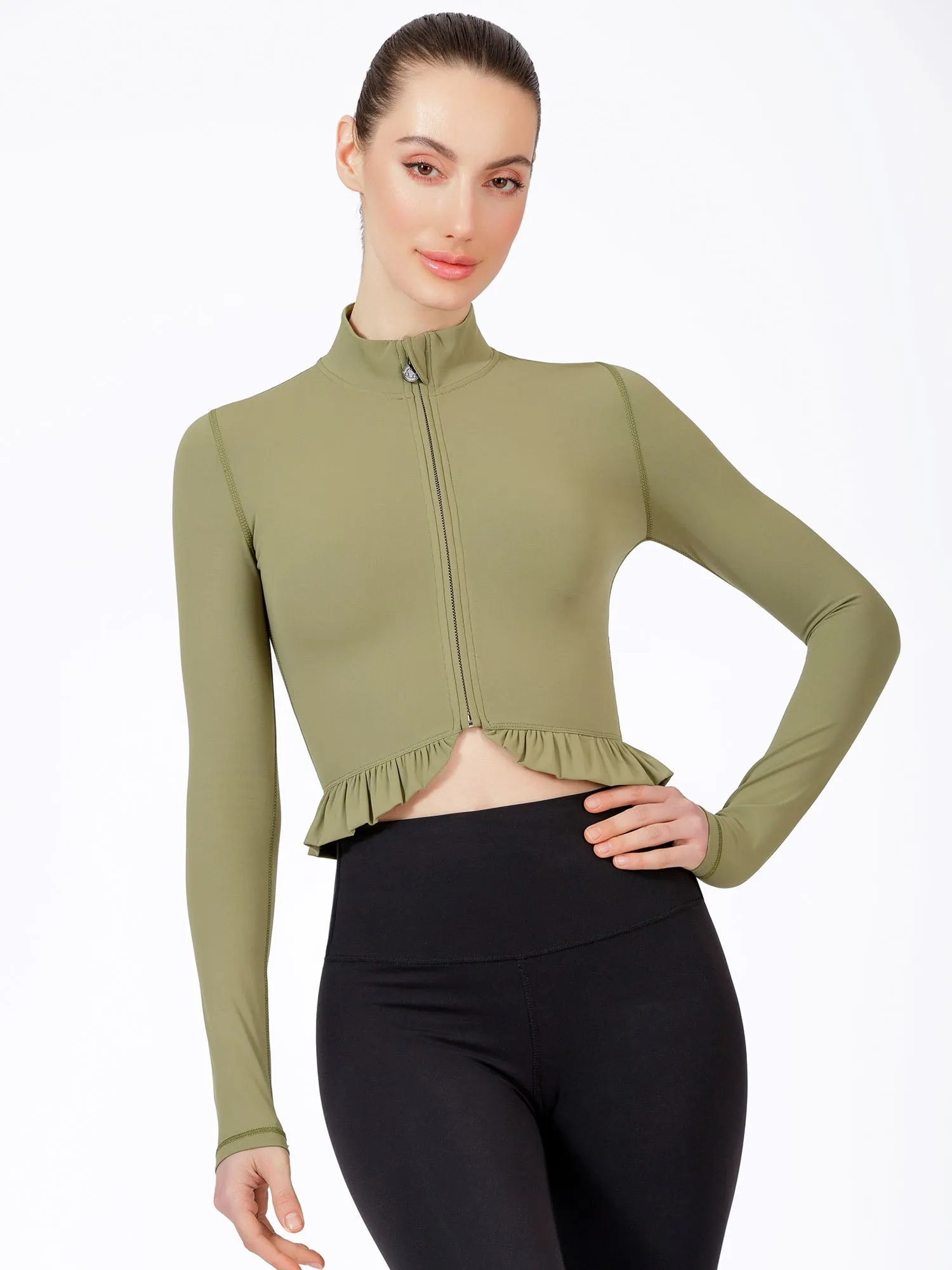 CROPPED RUFFLES JACKET, SAGE