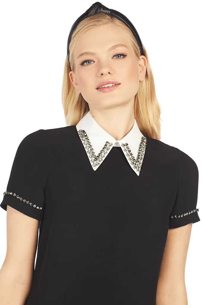 Crystal Embellished Point-Collar Shift Dress (Black)