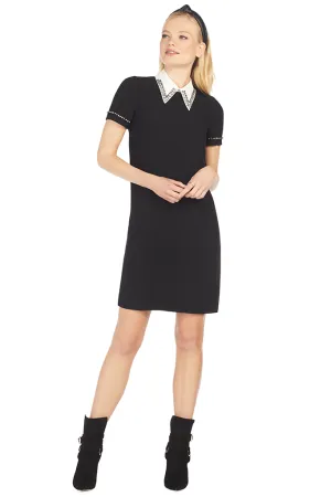 Crystal Embellished Point-Collar Shift Dress (Black)
