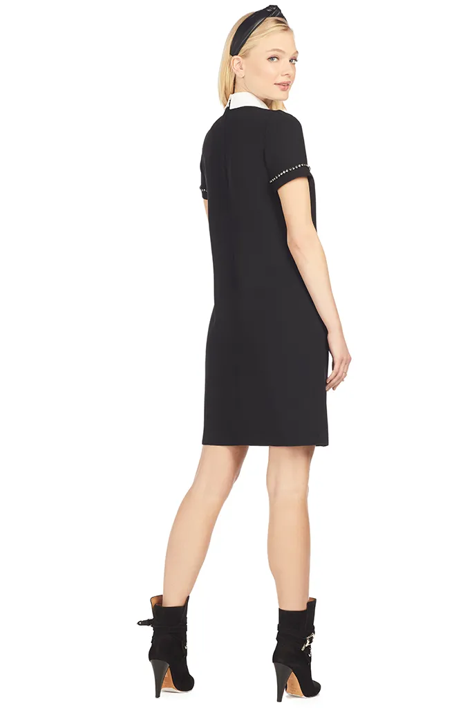 Crystal Embellished Point-Collar Shift Dress (Black)