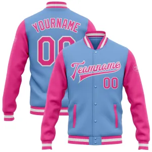 Custom Light Blue Pink-White Bomber Full-Snap Varsity Letterman Two Tone Jacket