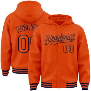 Custom Orange Navy Bomber Full-Snap Varsity Letterman Hoodie Jacket