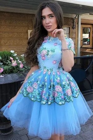 Cute Blue Floral Prints Tulle Short Sleeves A-Line Homecoming Dresses,MH442