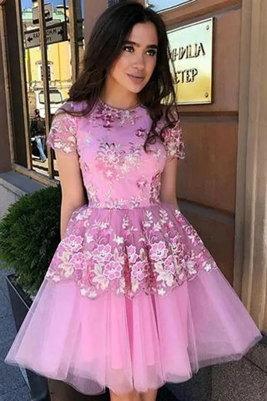 Cute Blue Floral Prints Tulle Short Sleeves A-Line Homecoming Dresses,MH442