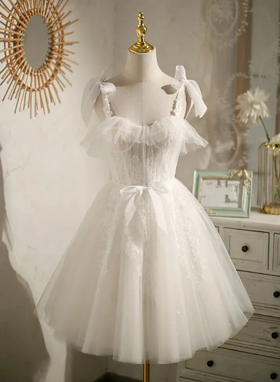 Cute Tulle Short Straps Sweetheart Homecoming Dress with Lace, Short Prom Dress