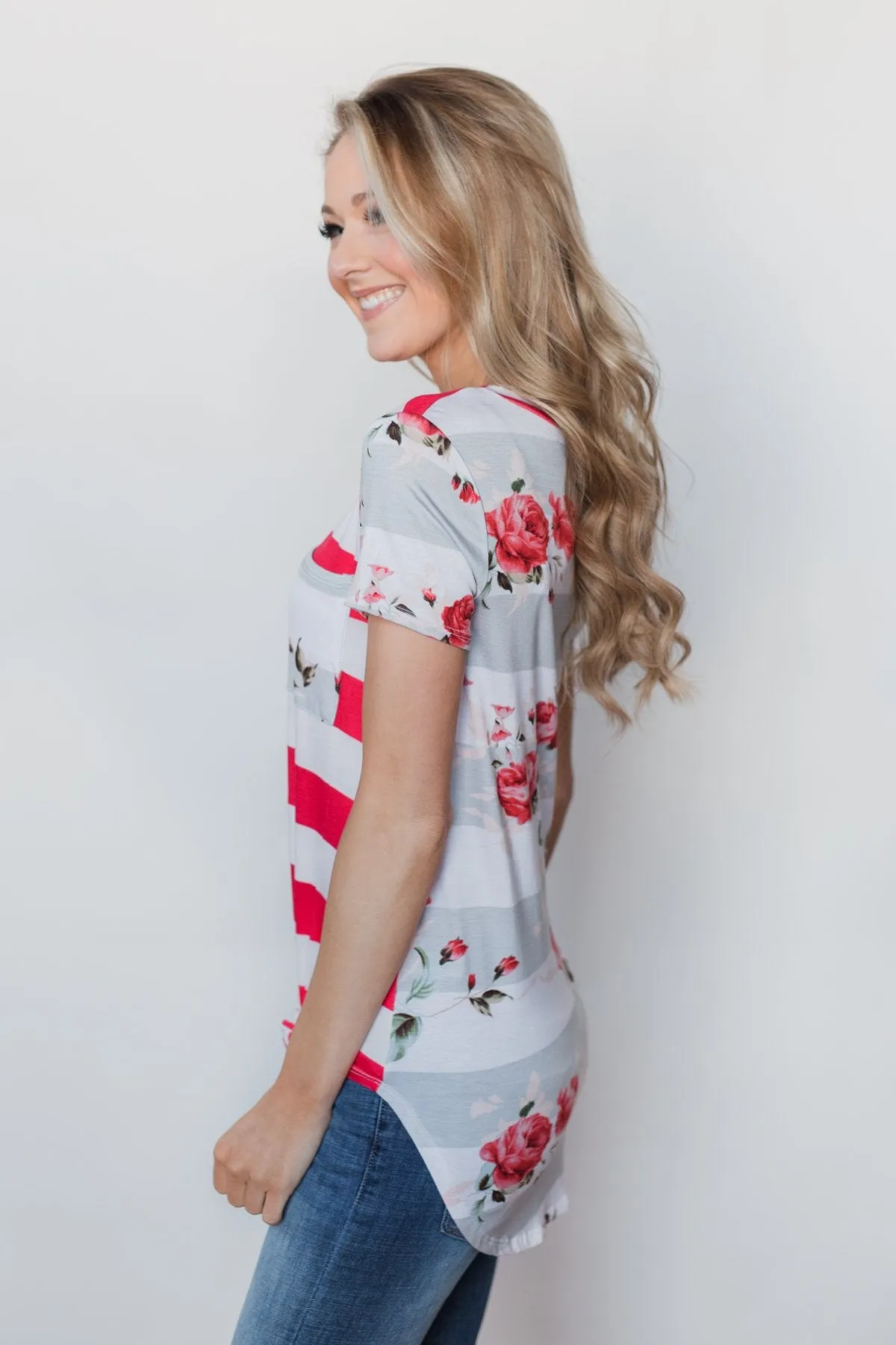 Dare to be Bold Floral & Stripes Top - Bright Strawberry