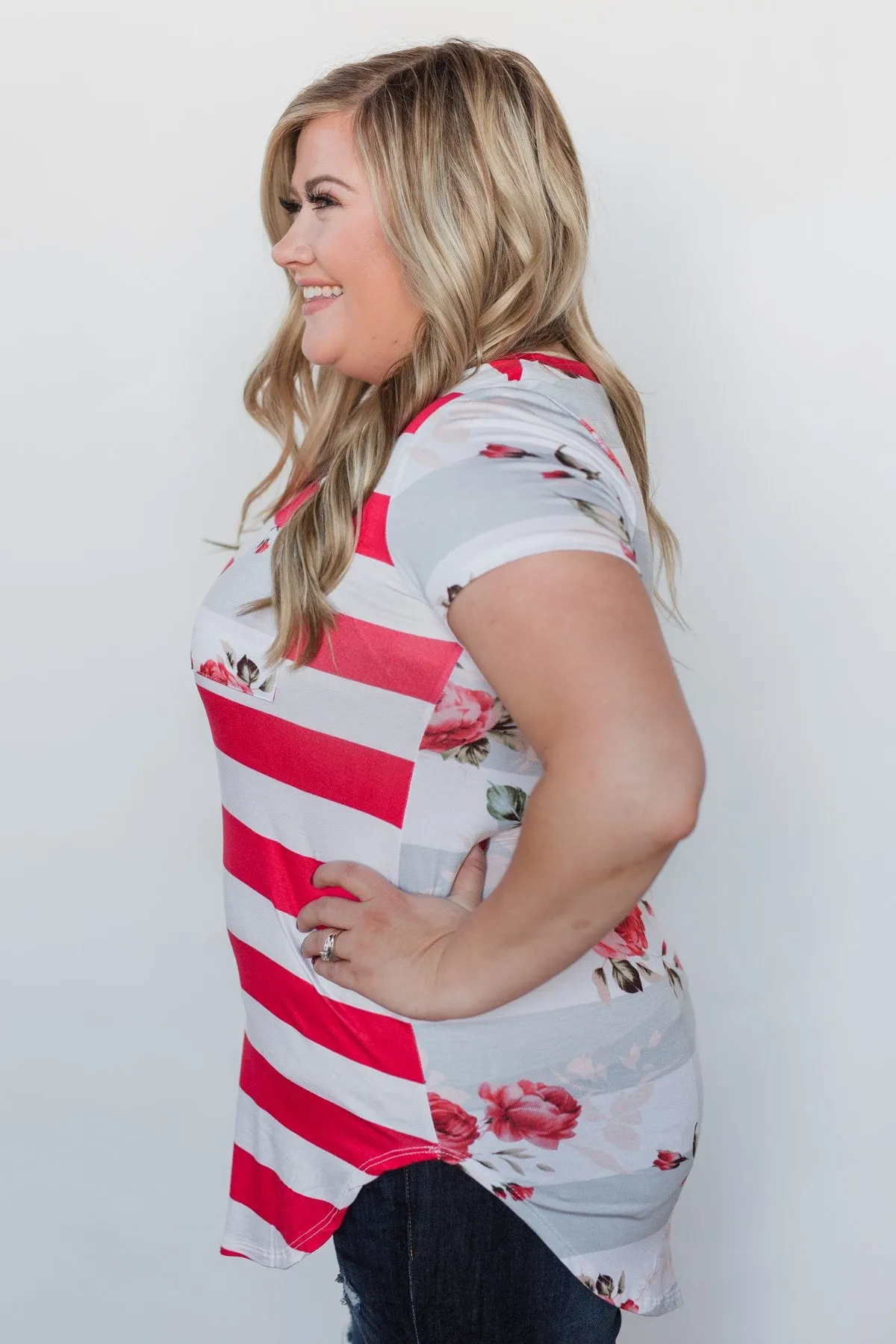 Dare to be Bold Floral & Stripes Top - Bright Strawberry