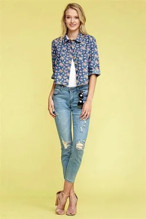 Denim Button Down Floral Crop Top Top Navy  - Pack of 6