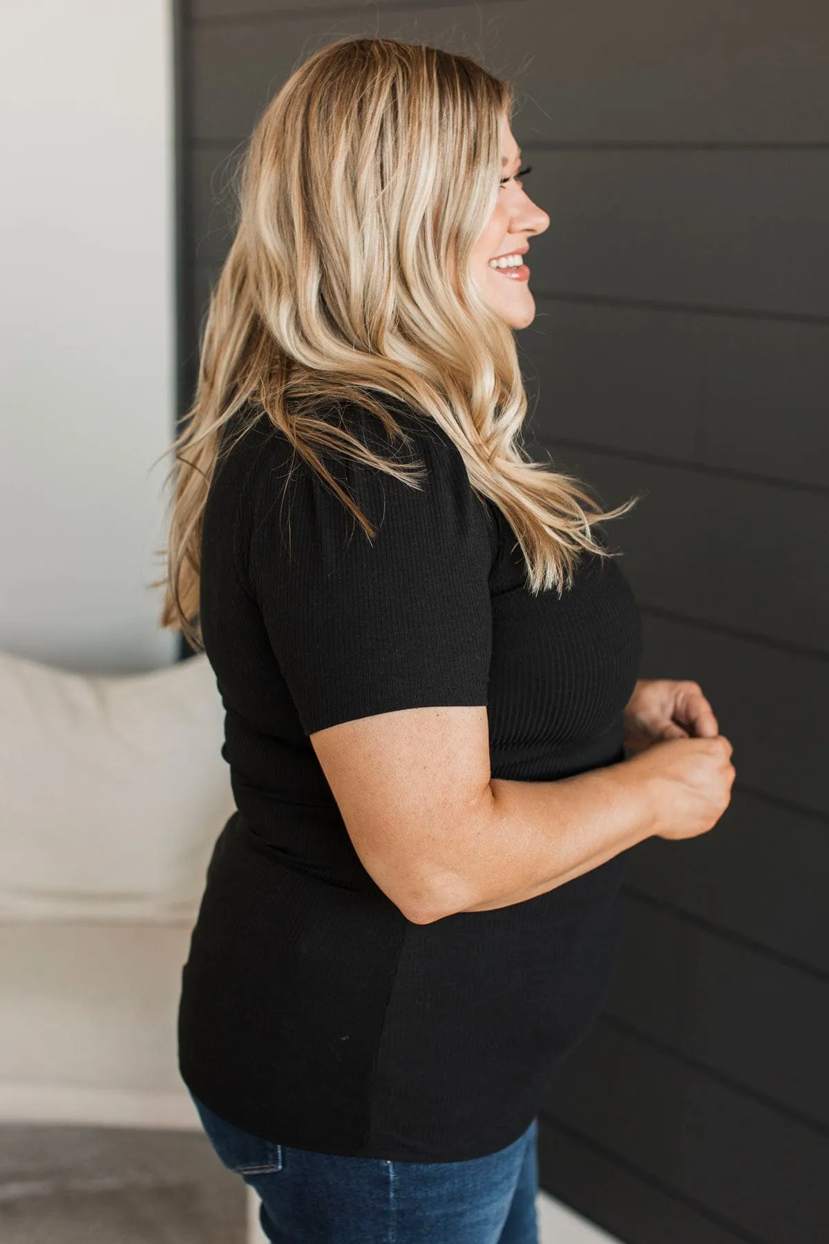 Doing The Most Ribbed Short Sleeve Top- Black