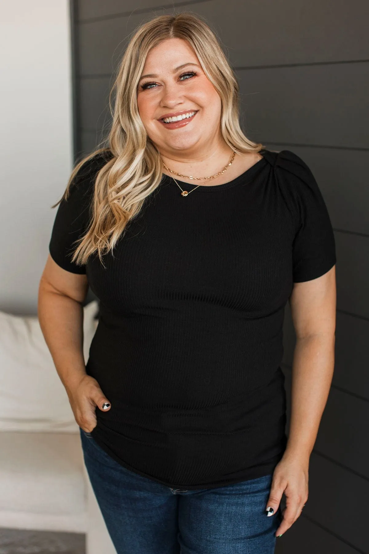 Doing The Most Ribbed Short Sleeve Top- Black