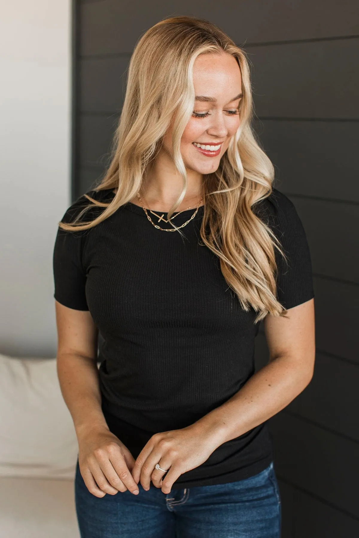 Doing The Most Ribbed Short Sleeve Top- Black