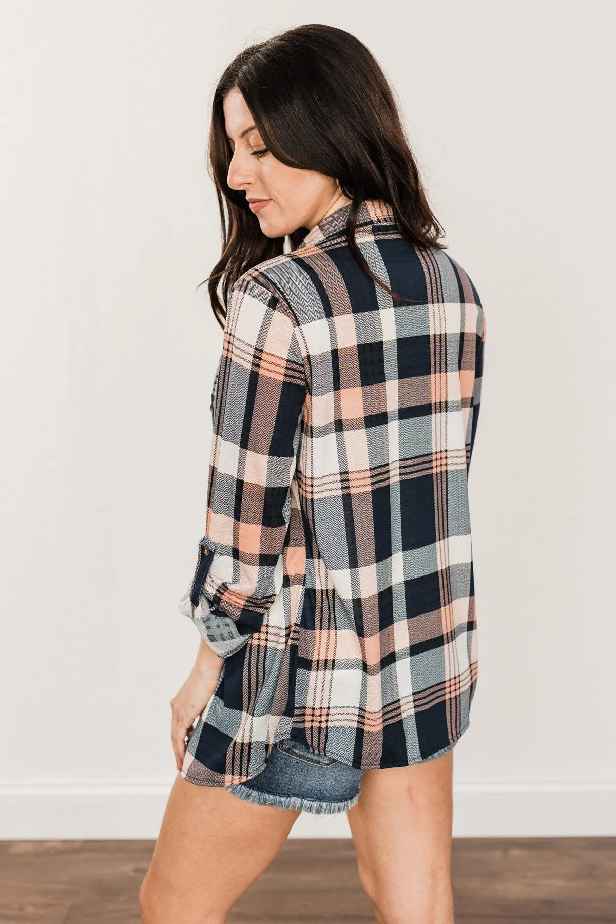 Fall Into The Night Plaid Button Top- Peach, Navy, & Ivory