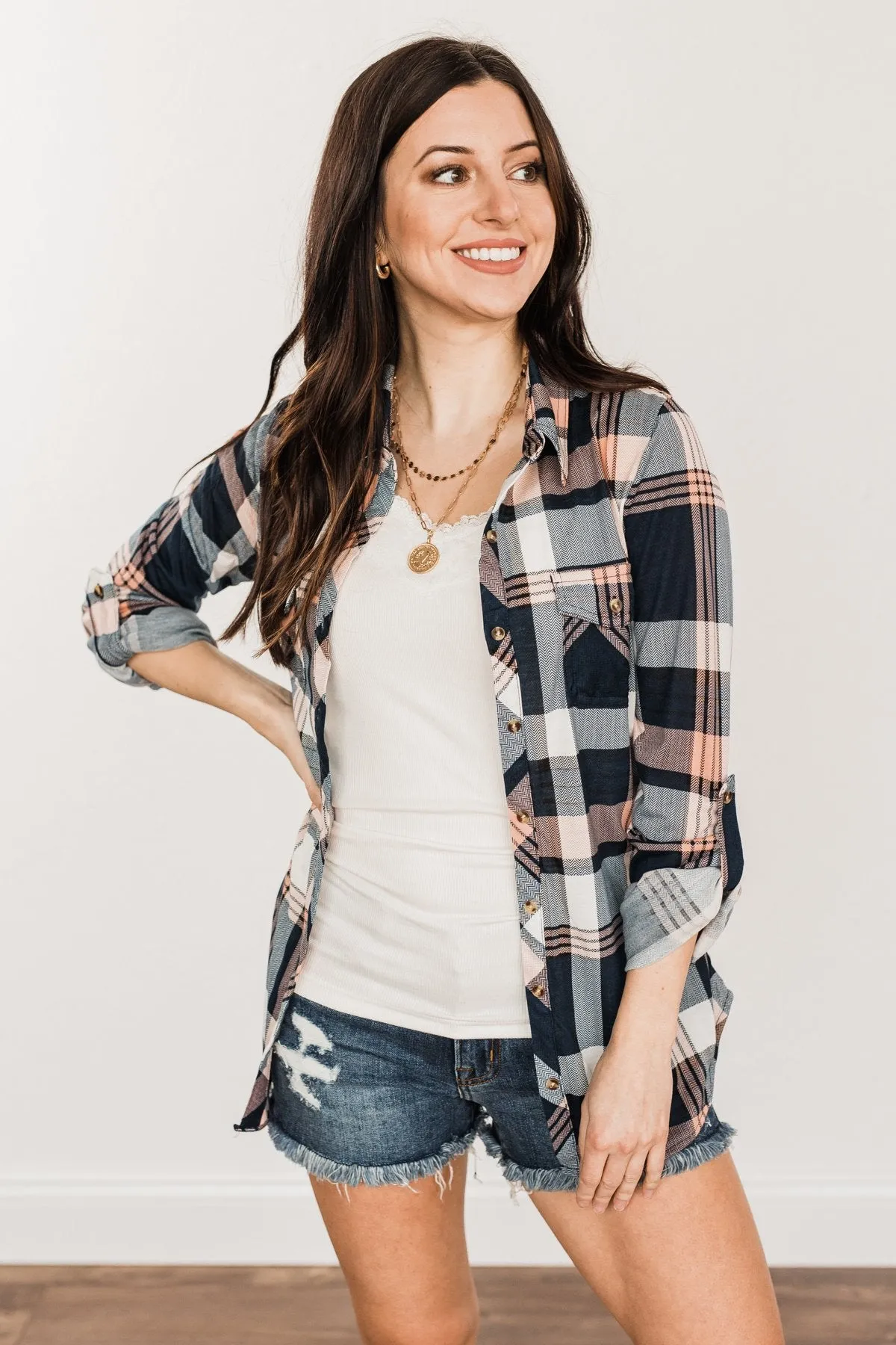 Fall Into The Night Plaid Button Top- Peach, Navy, & Ivory