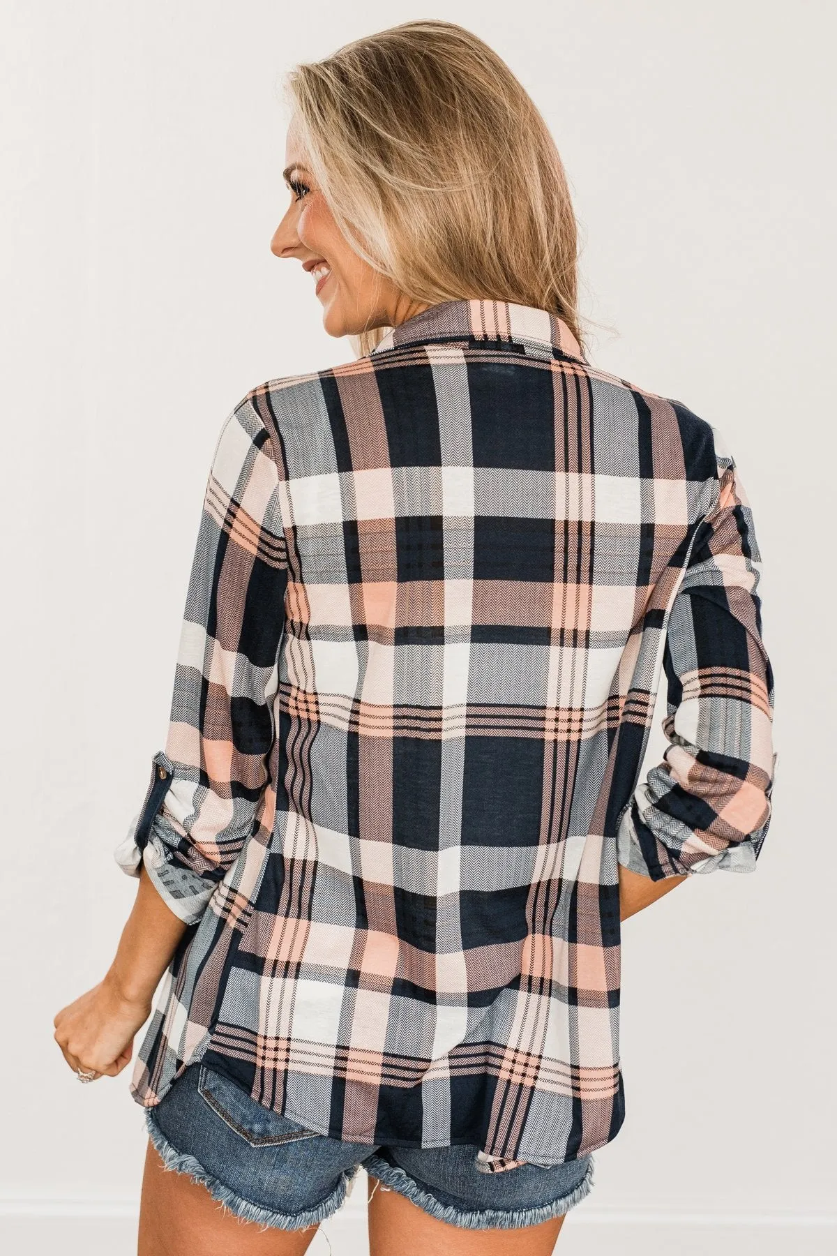 Fall Into The Night Plaid Button Top- Peach, Navy, & Ivory