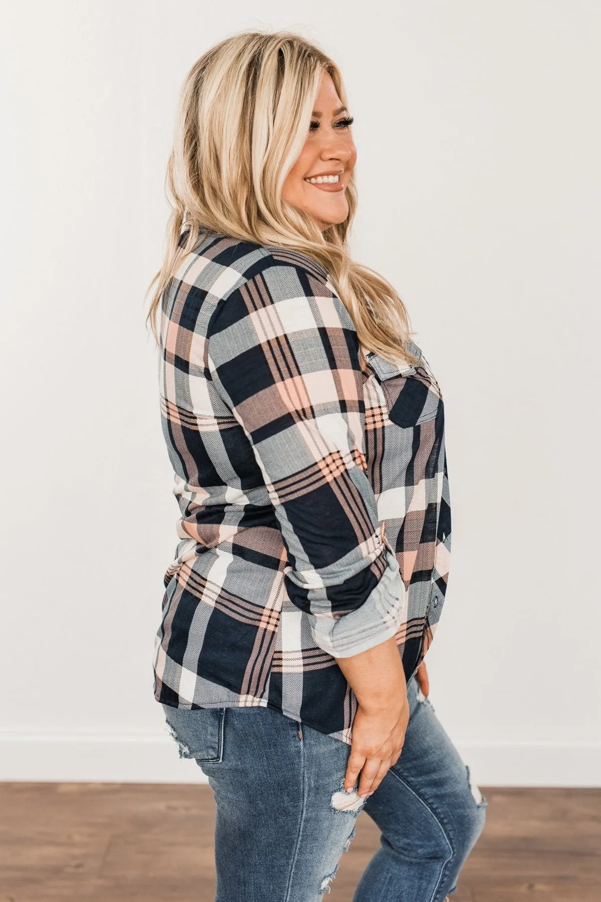 Fall Into The Night Plaid Button Top- Peach, Navy, & Ivory