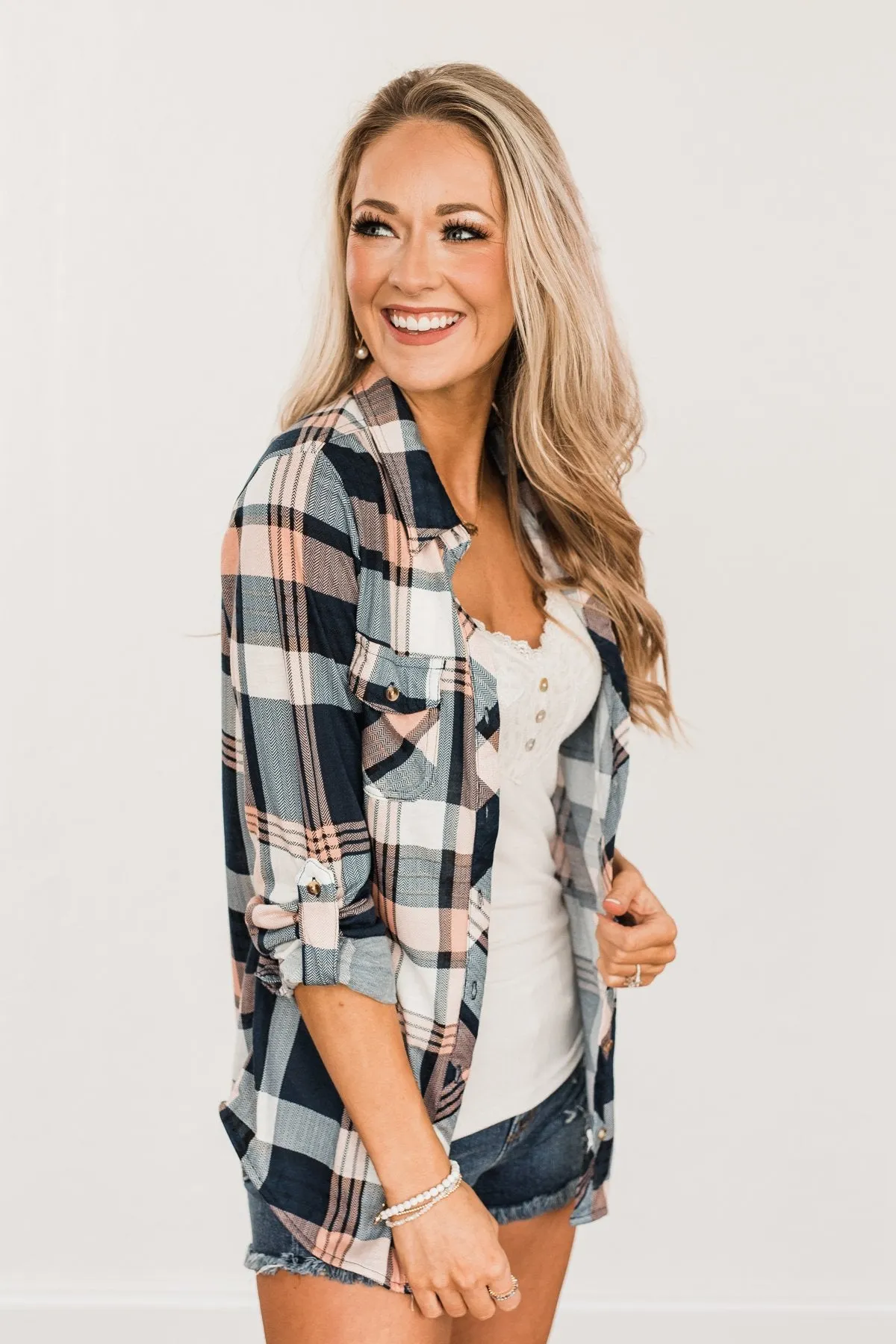 Fall Into The Night Plaid Button Top- Peach, Navy, & Ivory