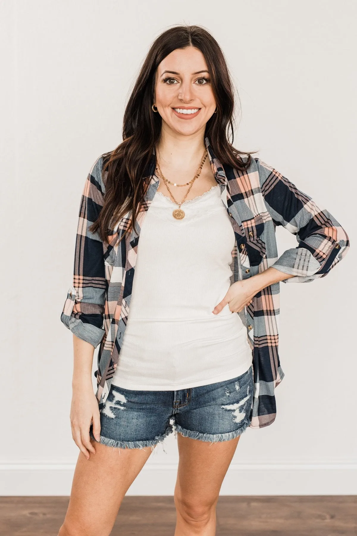 Fall Into The Night Plaid Button Top- Peach, Navy, & Ivory