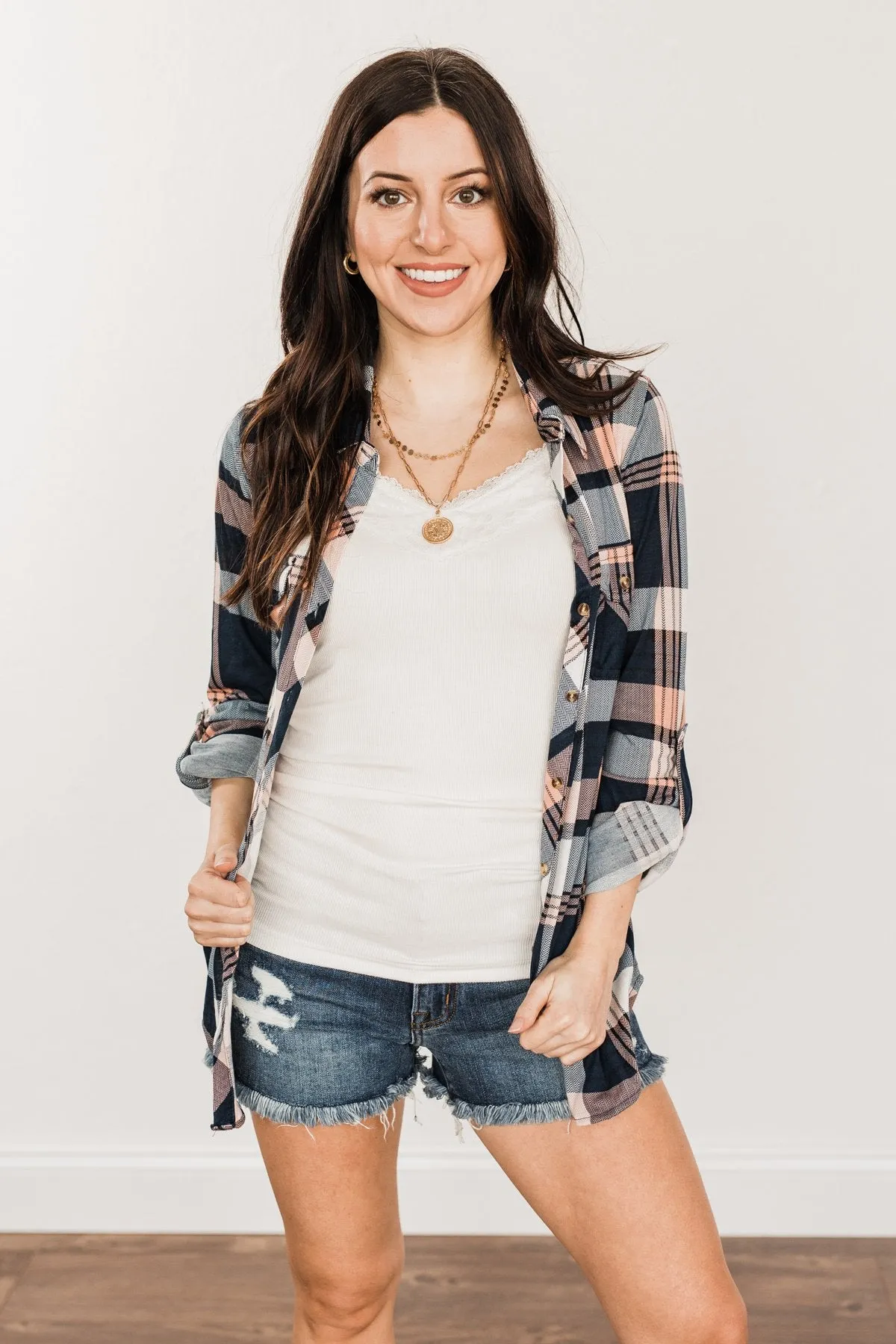 Fall Into The Night Plaid Button Top- Peach, Navy, & Ivory