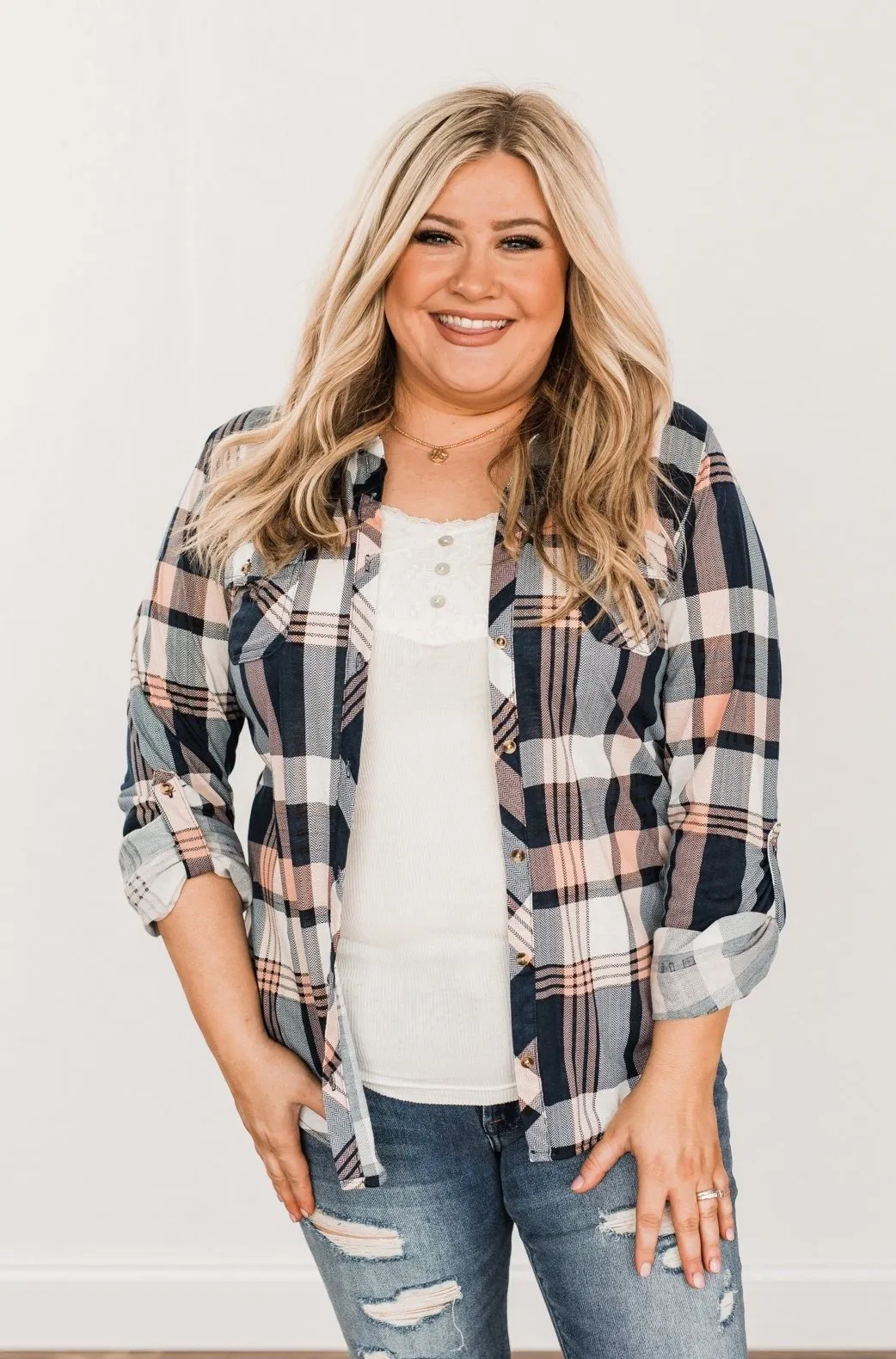 Fall Into The Night Plaid Button Top- Peach, Navy, & Ivory